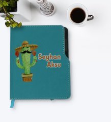 Kişiye Özel Kaktüs Tasarımlı Turkuaz Termo Deri Defter-7