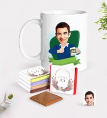 Kişiye Özel Erkek En İyi Öğretmen Karikatürlü Beyaz Kupa ve Çikolata Hediye Seti-1