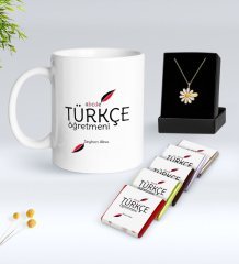 Kişiye Özel Türkçe Öğretmeni Beyaz Kupa Çikolata ve İsimli Papatya Kolye Hediye Seti-2
