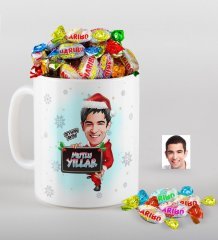 Kişiye Özel Erkek Yeni Yıl Karikatürlü Beyaz Kupa ve Haribo Şeker Hediye Seti-1