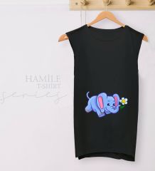 BK Gift Bebek Fil Tasarımlı Siyah Sıfır Kol Hamile Tişört-1, Hamile Giyim, Eşe Hediye