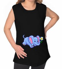 BK Gift Bebek Fil Tasarımlı Siyah Sıfır Kol Hamile Tişört-1, Hamile Giyim, Eşe Hediye