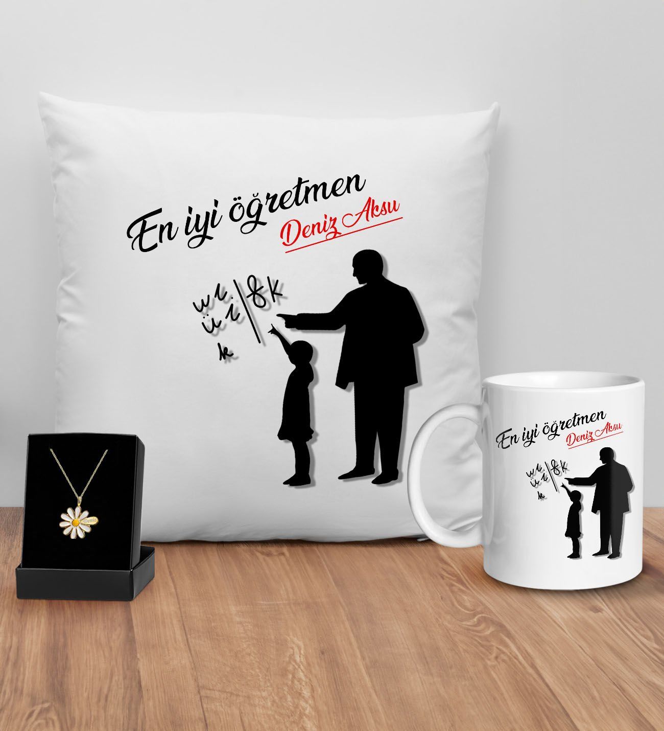 BK Gift Kişiye Özel Öğretmenler Günü Tasarımlı Beyaz Kupa Yastık ve İsimli Papatya Kolye Hediye Seti- 6, Öğretmene Hediye, Öğretmenler Günü