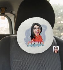 Kişiye Özel İsimli Kadın Karikatürlü Yuvarlak Araç Koltuk Yastığı-1