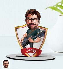 Kişiye Özel İsimli Erkek Gitarist Karikatürlü Ahşap Biblo Model-1
