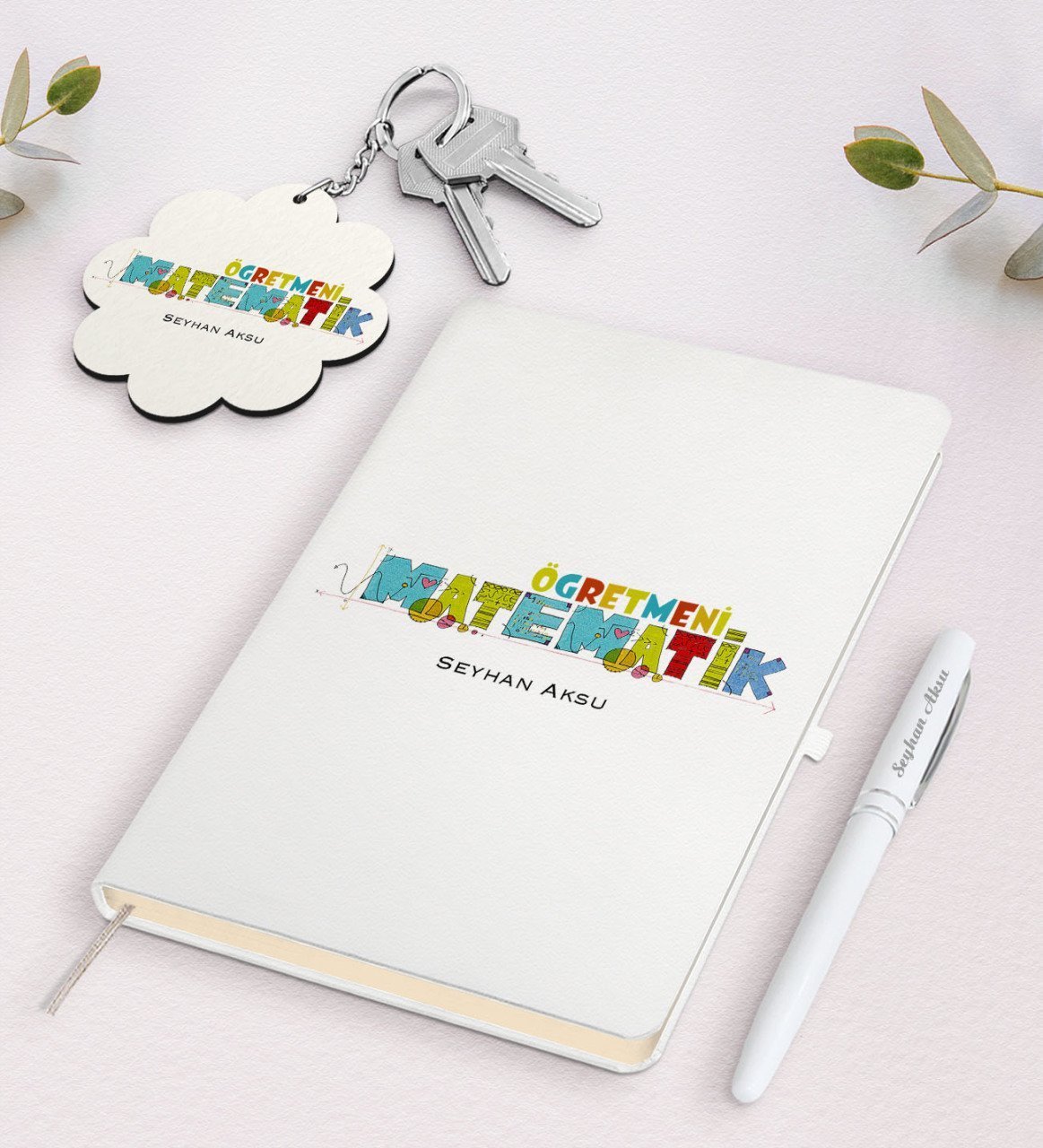 Kişiye Özel Matematik Öğretmeni Beyaz Defter Kalem ve Anahtarlık Hediye Seti-2