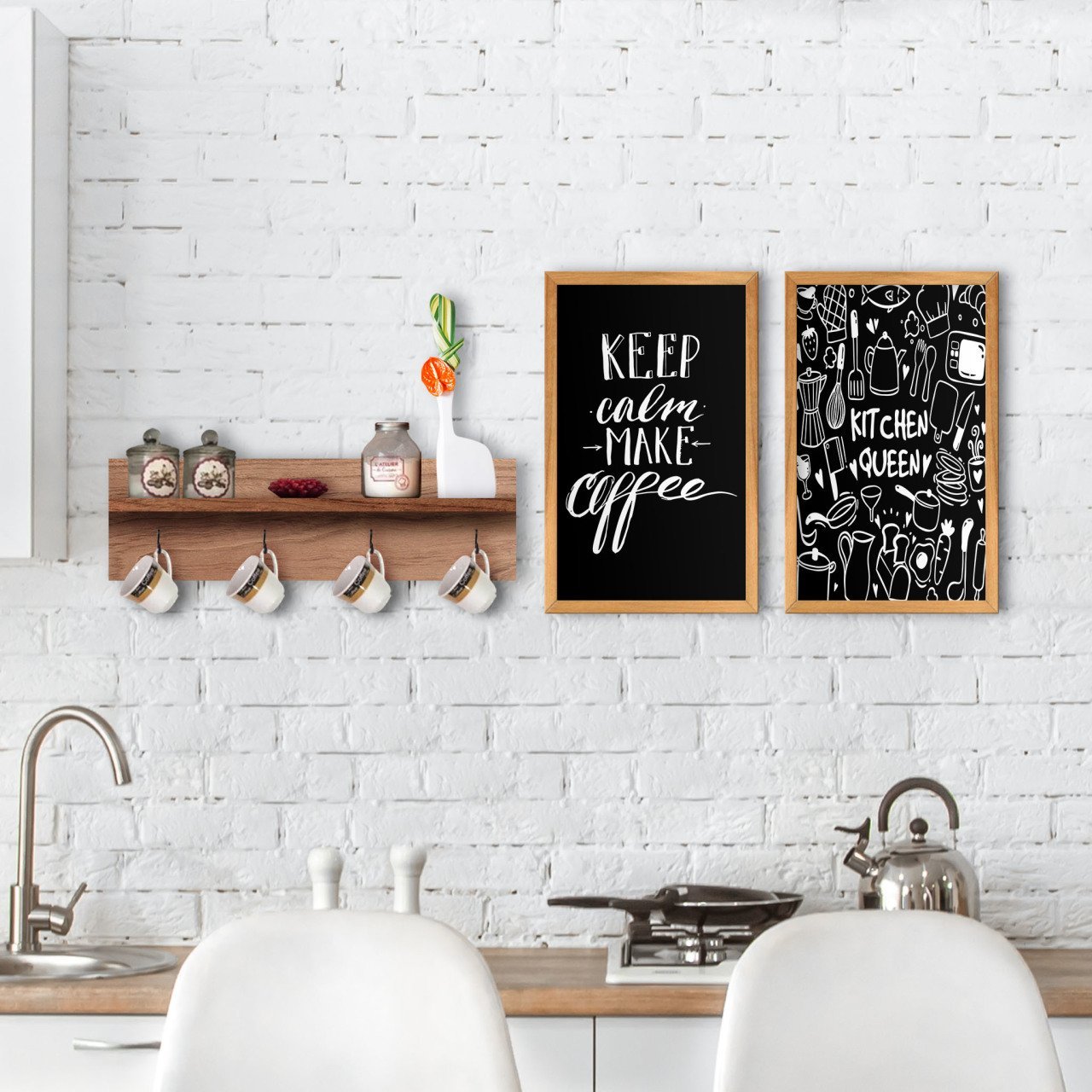 BK Home Doğal Ahşap Raflı Dekoratif Fincan Askılığı ve 2’li Mutfak Konseptli Ahşap Tablo-7
