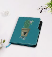 Kişiye Özel Kaktüs Tasarımlı Turkuaz Termo Deri Defter-6