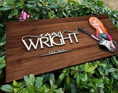 BK Gift Kişiye Özel Kadın Gitarist Karikatürlü Kabartma Figürlü Ahşap Tablo, Duvar Dekoru, Arkadaşa Hediye, Özel Tasarım Ev Hediyesi-1