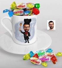 Kişiye Özel Bay Master Chef Karikatürlü Türk Kahvesi Fincanı ve Haribo Şeker Hediye Seti-1