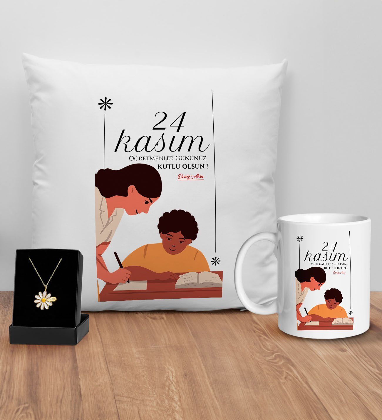 BK Gift Kişiye Özel Öğretmenler Günü Tasarımlı Beyaz Kupa Yastık ve İsimli Papatya Kolye Hediye Seti- 5, Öğretmene Hediye, Öğretmenler Günü