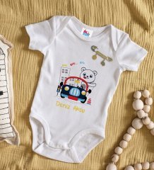 BK Kids Kişiye Özel Sevimli Sürücü Tasarımlı Beyaz Bebek Body Zıbın ve Erkek Bebek İğnesi Hediye Seti-1