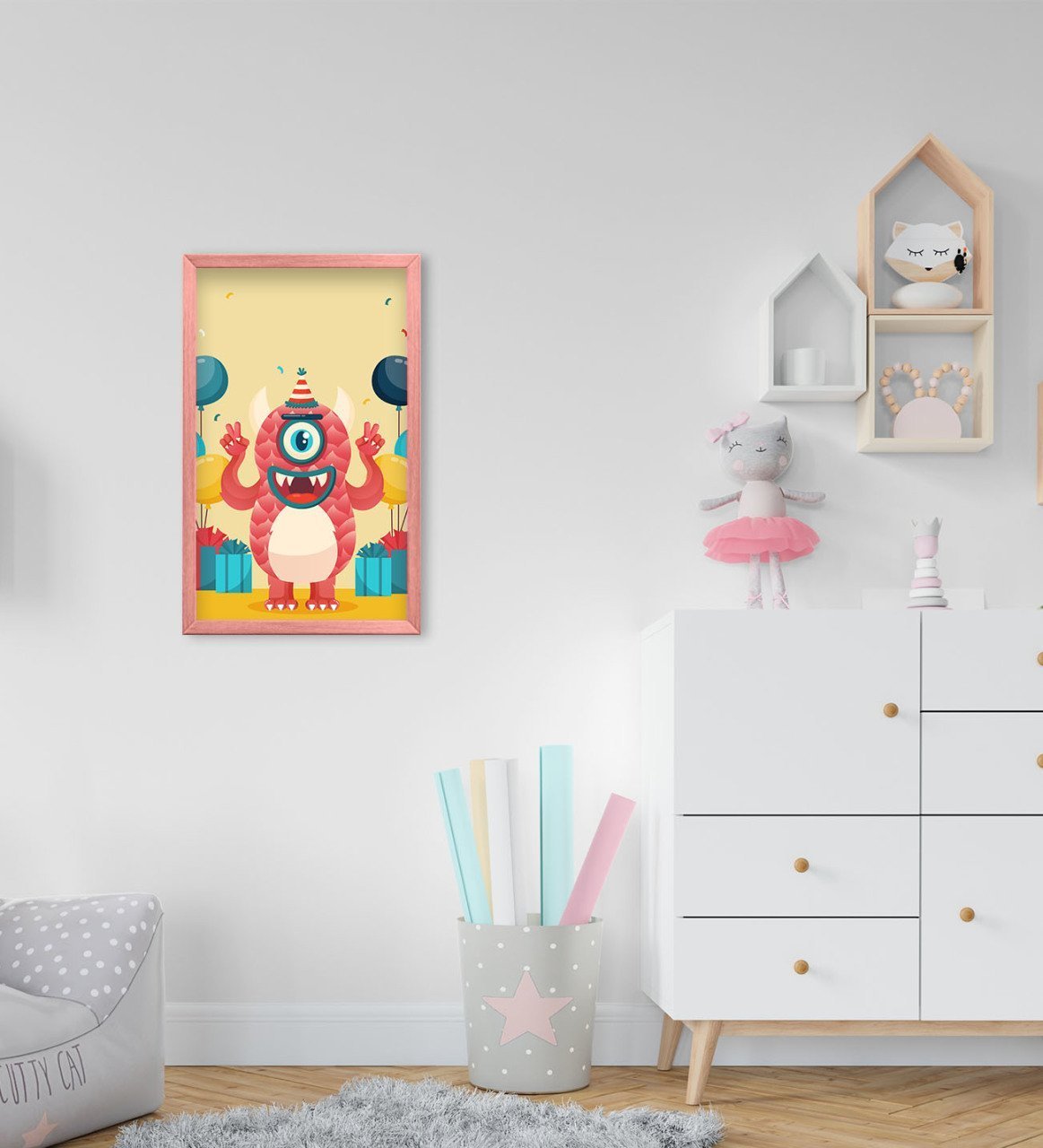 BK Home Tatlı Canavar Tasarımlı Dekoratif Pembe Ahşap Çerçeveli Çocuk Odası Tablo-7