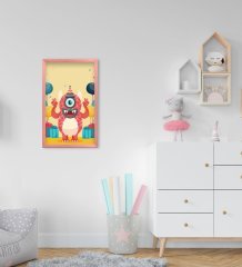 BK Home Tatlı Canavar Tasarımlı Dekoratif Pembe Ahşap Çerçeveli Çocuk Odası Tablo-7