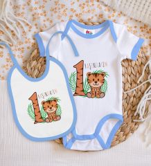 BK Kids 1 Yaşındayım Tasarımlı Mavi Bebek Body Zıbın ve Mama Önlüğü Hediye Seti-2