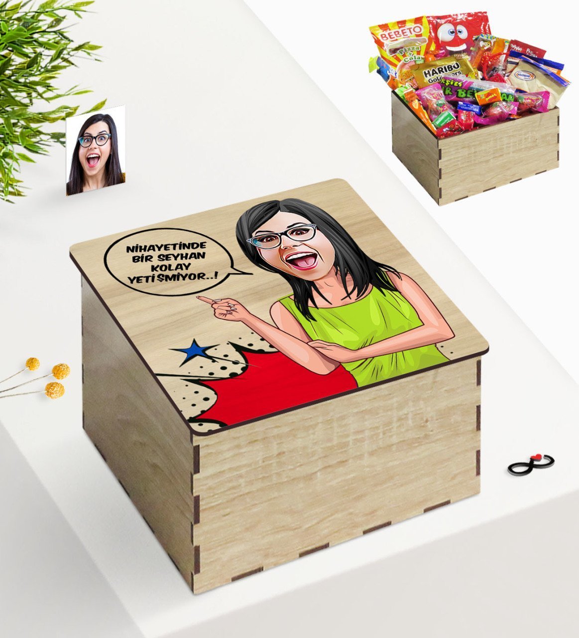 Kişiye Özel Ahşap Kutuda Bayan Kolay Yetişmiyor Karikatürlü Nostaljik Lezzetler Hediye Seti-5