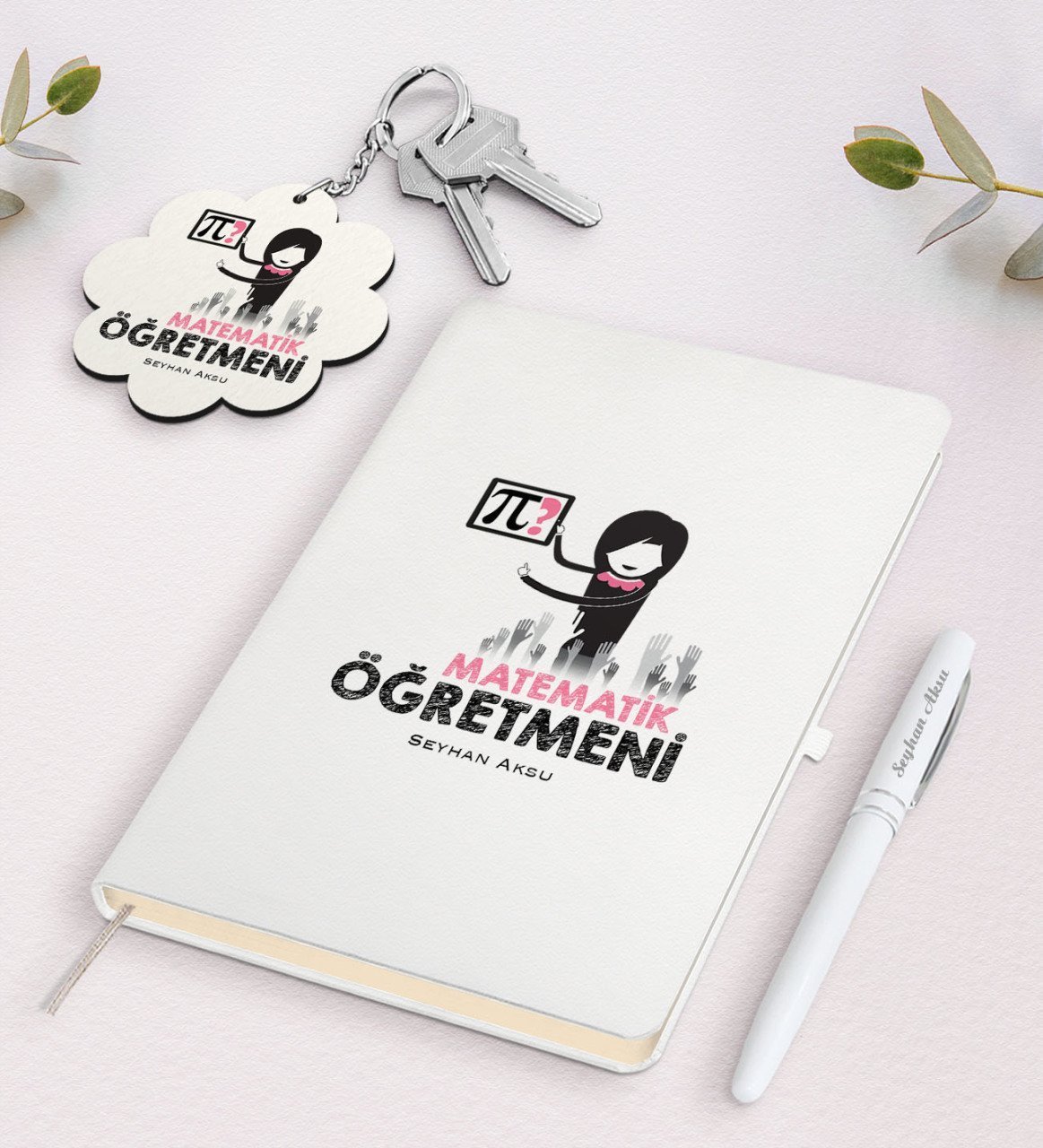 Kişiye Özel Matematik Öğretmeni Beyaz Defter Kalem ve Anahtarlık Hediye Seti-1