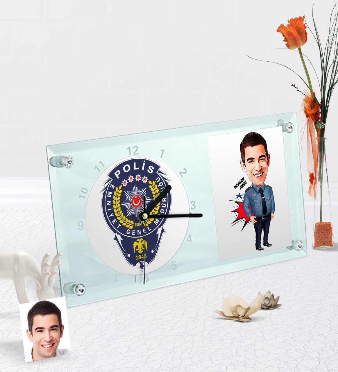 Kişiye Özel Bay Polis Karikatürlü Masaüstü Cam Saat - 3