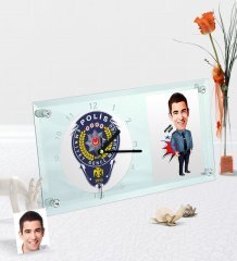 Kişiye Özel Bay Polis Karikatürlü Masaüstü Cam Saat - 3