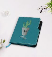 Kişiye Özel Kaktüs Tasarımlı Turkuaz Termo Deri Defter-5