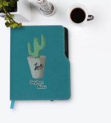 Kişiye Özel Kaktüs Tasarımlı Turkuaz Termo Deri Defter-5