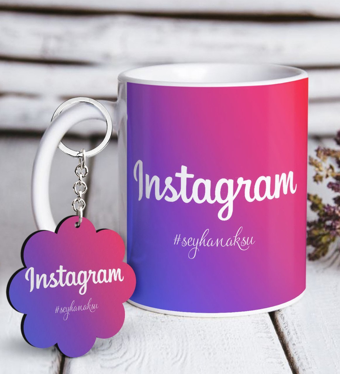 Kişiye Özel Instagram Beyaz Kupa ve Anahtarlık Hediye Seti