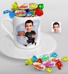 Kişiye Özel Bay Mangalcı Karikatürlü Türk Kahvesi Fincanı ve Haribo Şeker Hediye Seti-2