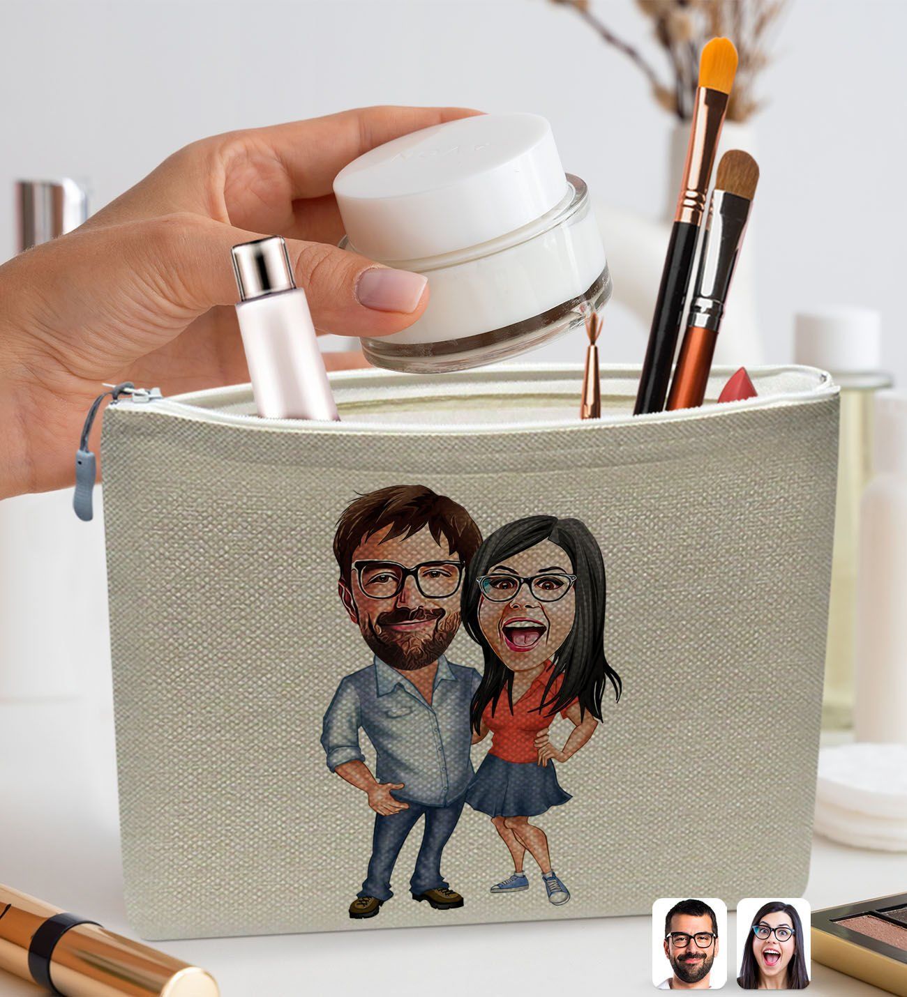 BK Gift Kişiye Özel Sevgililer Karikatürlü Keten Makyaj Çantası, Sevgiliye Hediye, Arkadaşa Hediye, Sevgililer Günü Hediyesi, Doğum Günü Hediyesi-2