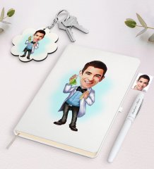 Kişiye Özel Erkek Kimyager Karikatürlü Beyaz Defter Kalem ve Anahtarlık Hediye Seti-2