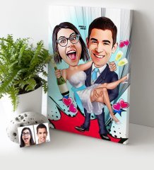 Kişiye Özel Gelin Damat Karikatür Kanvas Tablo (30 x 50 cm.) - 4