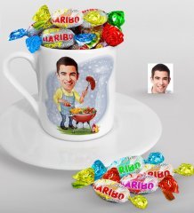 Kişiye Özel Bay Mangalcı Karikatürlü Türk Kahvesi Fincanı ve Haribo Şeker Hediye Seti-1