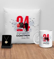 BK Gift Kişiye Özel Öğretmenler Günü Tasarımlı Beyaz Kupa Yastık ve İsimli Papatya Kolye Hediye Seti- 3, Öğretmene Hediye, Öğretmenler Günü