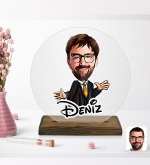 Kişiye Özel Erkek Avukat Karikatürlü Yuvarlak Ahşap Standlı Biblo-3
