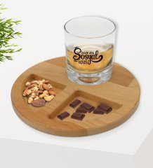 Kişiye Özel Sosyal İçici Tasarımlı Viski Bardağı ve Doğal Masif Ahşap Yuvarlak Sunum Tabağı Çerezlik Hediye Seti-2