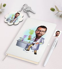 Kişiye Özel Erkek Kimyager Karikatürlü Beyaz Defter Kalem ve Anahtarlık Hediye Seti-1