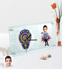 Kişiye Özel Bay Polis Karikatürlü Masaüstü Cam Saat - 1