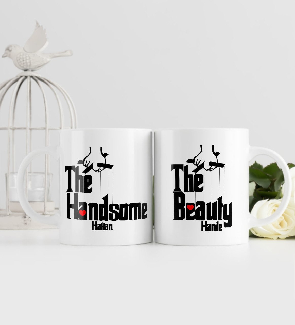 Kişiye Özel The Handsome ve The Beauty Tasarımlı İkili Beyaz Kupa Bardak-1