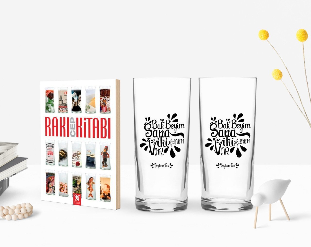 Kişiye Özel Renkli Baskılı Yeşilçam Replikleri Bak Beyim Tasarımlı İkili Rakı Bardağı ve Rakı Cep Kitabı Hediye Seti-2