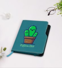 Kişiye Özel Kaktüs Tasarımlı Turkuaz Termo Deri Defter-3