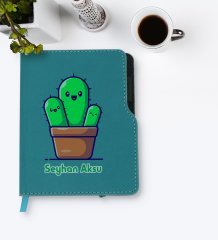 Kişiye Özel Kaktüs Tasarımlı Turkuaz Termo Deri Defter-3