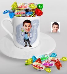Kişiye Özel Bay Kimyager Karikatürlü Türk Kahvesi Fincanı ve Haribo Şeker Hediye Seti-2
