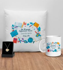 BK Gift Kişiye Özel Öğretmenler Günü Tasarımlı Beyaz Kupa Yastık ve İsimli Papatya Kolye Hediye Seti- 2, Öğretmene Hediye, Öğretmenler Günü