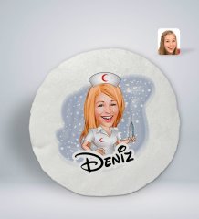Kişiye Özel İsimli Hemşire Karikatürlü Yuvarlak Araç Koltuk Yastığı-1