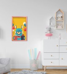 BK Home Tatlı Canavar Tasarımlı Dekoratif Pembe Ahşap Çerçeveli Çocuk Odası Tablo-4
