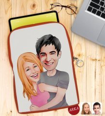 Kişiye Özel Sevgililer Karikatürlü Taşınabilir Koruyucu Tablet Kılıfı & Organizer Çanta - Turuncu-86
