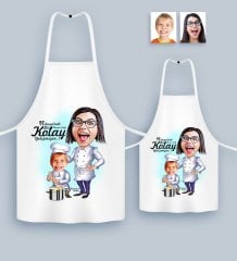 Kişiye Özel İkili Anne Oğul Master Chef Karikatürlü Mutfak Önlüğü Seti