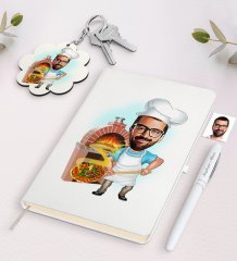 Kişiye Özel Erkek Kebapçı Ustası Karikatürlü Beyaz Defter Kalem ve Anahtarlık Hediye Seti