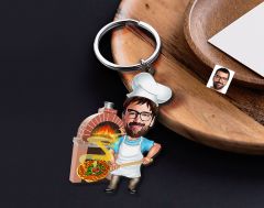 BK Gift Kişiye Özel Pizza Chef Karikatürlü Ahşap Anahtarlık-1 Sevgiliye Hediye, Arkadaşa Hediye, Doğum Günü Hediyesi