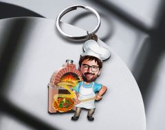 BK Gift Kişiye Özel Pizza Chef Karikatürlü Ahşap Anahtarlık-1 Sevgiliye Hediye, Arkadaşa Hediye, Doğum Günü Hediyesi