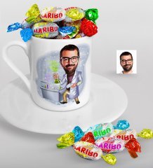 Kişiye Özel Bay Kimyager Karikatürlü Türk Kahvesi Fincanı ve Haribo Şeker Hediye Seti-1